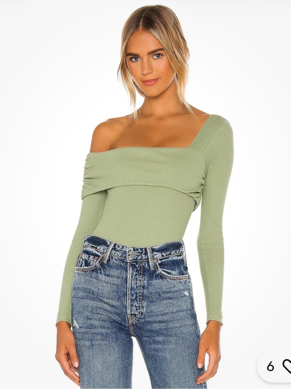 Lovers + Friends Asymmetrical One-Shoulder Sage Green Bodysuit